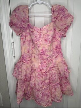 Bardot Junior Lola Floral Corset Mini Dress Girls Size 8 Ramie Pink Puff Sleeve